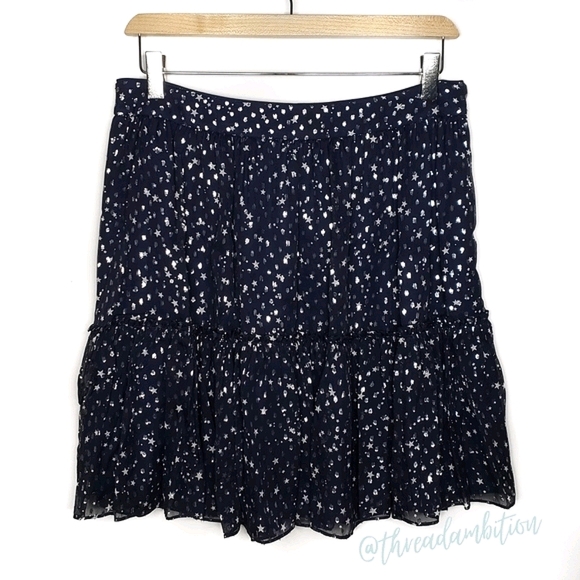 NWT Kate Spade Night Sky Star Ruffle Tiered Silk Skirt Navy/Silver 10 - Picture 2 of 9